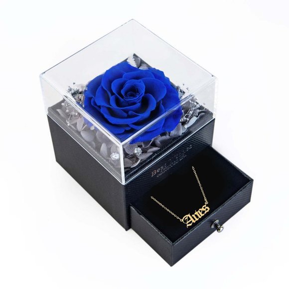 Preserved Rose In a Acrylic Box with 18K Real Gold Plated Aries Zodiac Necklace - Picture 1 of 17